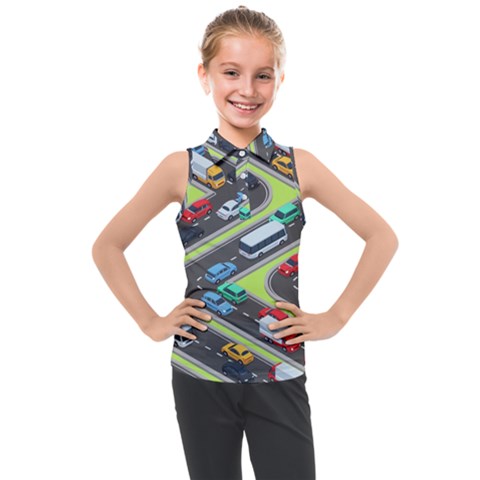 Urban-cars-seamless-texture-isometric-roads-car-traffic-seamless-pattern-with-transport-city-vector- Kids  Sleeveless Polo Tee by Vaneshart