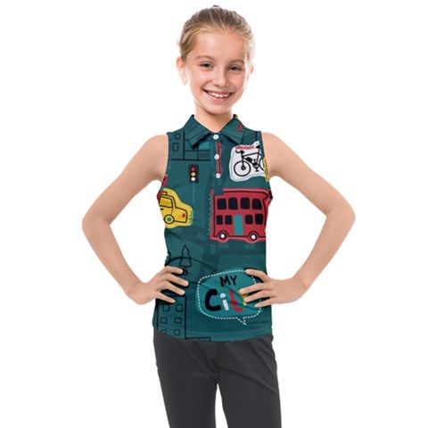 Seamless-pattern-hand-drawn-with-vehicles-buildings-road Kids  Sleeveless Polo Tee by Vaneshart