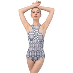 Halftone Tech Hexagons Seamless Pattern Cross Front Low Back Swimsuit by BangZart
