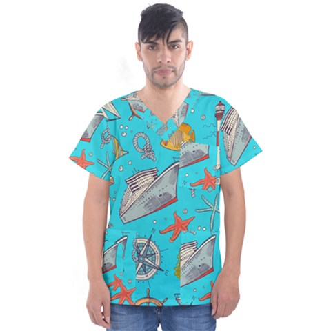 Colored Sketched Sea Elements Pattern Background Sea Life Animals Illustration Men s V-neck Scrub Top by BangZart