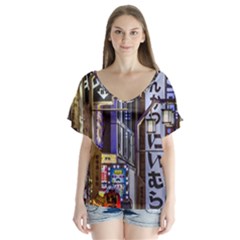 Shinjuku District Urban Night Scene, Tokyo Japan V-neck Flutter Sleeve Top by dflcprintsclothing