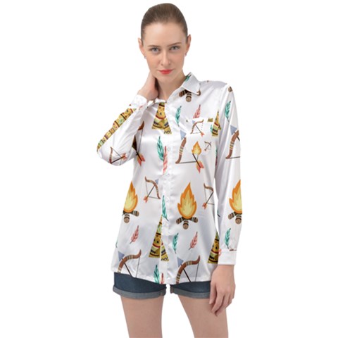 Cute Cartoon Native American Seamless Pattern Long Sleeve Satin Shirt by BangZart