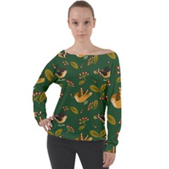 Cute Seamless Pattern Bird With Berries Leaves Off Shoulder Long Sleeve Velour Top by BangZart