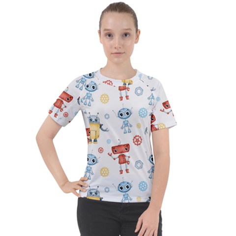 Cute Cartoon Robots Seamless Pattern Women s Sport Raglan Tee by BangZart