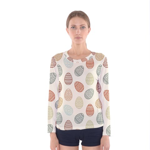 Seamless Pattern Colorful Easter Egg Flat Icons Painted Traditional Style Women s Long Sleeve Tee by BangZart