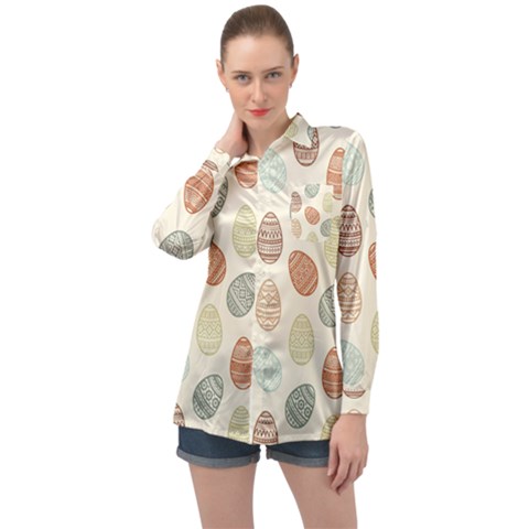 Seamless Pattern Colorful Easter Egg Flat Icons Painted Traditional Style Long Sleeve Satin Shirt by BangZart
