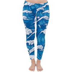 Storm Waves Seamless Pattern Raging Ocean Water Sea Wave Vintage Japanese Storms Print Illustration Classic Winter Leggings by BangZart