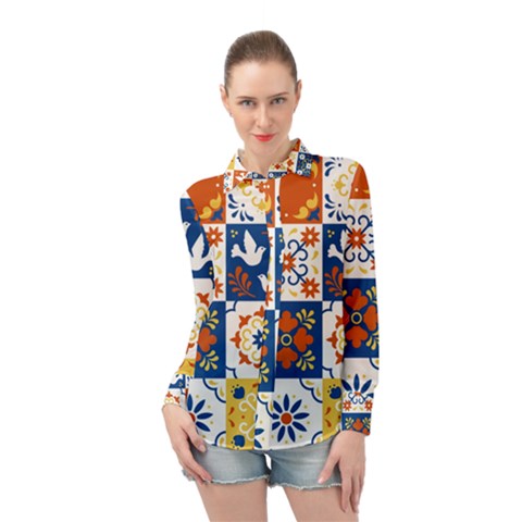 Mexican Talavera Pattern Ceramic Tiles With Flower Leaves Bird Ornaments Traditional Majolica Style Long Sleeve Chiffon Shirt by BangZart
