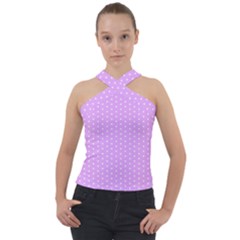 White Polka Dot Pastel Purple Background, Pink Color Vintage Dotted Pattern Cross Neck Velour Top by Casemiro