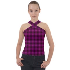Dark Purple, Violet Tartan, Buffalo Plaid Like Pattern Cross Neck Velour Top by Casemiro