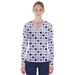Kitten Head Paw Footprint Seamless Pattern 1 V-neck Long Sleeve Top by TastefulDesigns