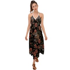 Raccoon Floral Halter Tie Back Dress  by BubbSnugg