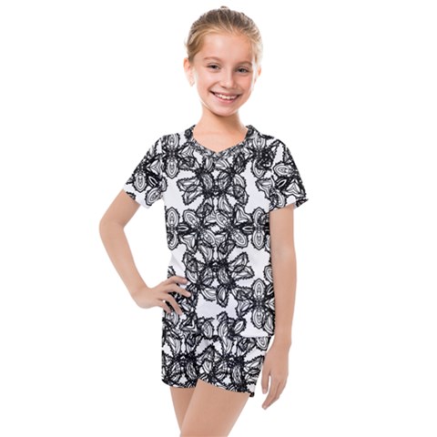 Stylized Botanical Motif Black And White Print Kids  Mesh Tee And Shorts Set by dflcprintsclothing