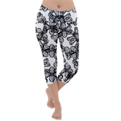 Stylized Botanical Motif Black And White Print Lightweight Velour Capri Yoga Leggings by dflcprintsclothing