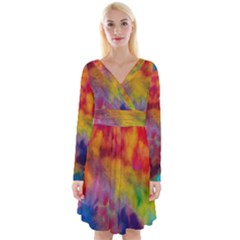 Colorful Watercolors Texture                                                       Long Sleeve Front Wrap Dress by LalyLauraFLM