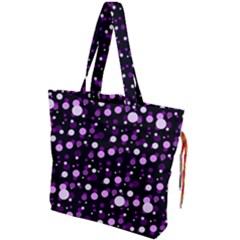 Purple, Pink Bokeh Dots, Asymmetric Polka Dot With Modern Twist Drawstring Tote Bag by Casemiro