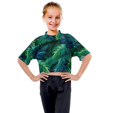 Tropical Green Leaves Background Kids Mock Neck Tee by Amaryn4rt