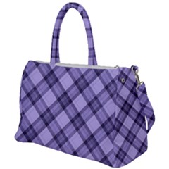 Pastel Purple And Steel Black Lines Pattern, Retro Tartan, Classic Plaid Duffel Travel Bag by Casemiro