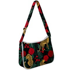 Seamless-pattern-with-leopards-and-roses-vector Zip Up Shoulder Bag by Sobalvarro
