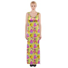 Girl With Hood Cape Heart Lemon Pattern Yellow Thigh Split Maxi Dress by snowwhitegirl