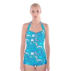Cloudy Blue Moon Boyleg Halter Swimsuit  by tmsartbazaar