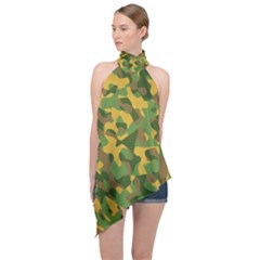 Yellow Green Brown Camouflage Halter Asymmetric Satin Top by SpinnyChairDesigns