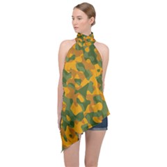 Green And Orange Camouflage Pattern Halter Asymmetric Satin Top by SpinnyChairDesigns