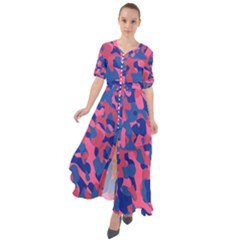 Blue And Pink Camouflage Pattern Waist Tie Boho Maxi Dress by SpinnyChairDesigns