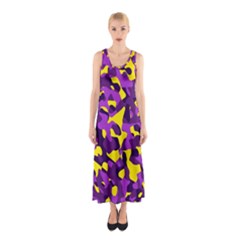 Purple And Yellow Camouflage Pattern Sleeveless Maxi Dress by SpinnyChairDesigns