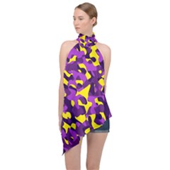 Purple And Yellow Camouflage Pattern Halter Asymmetric Satin Top by SpinnyChairDesigns