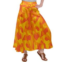 Orange And Yellow Camouflage Pattern Satin Palazzo Pants by SpinnyChairDesigns
