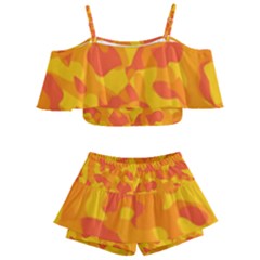 Orange And Yellow Camouflage Pattern Kids  Off Shoulder Skirt Bikini by SpinnyChairDesigns