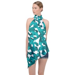 Teal And White Camouflage Pattern Halter Asymmetric Satin Top by SpinnyChairDesigns