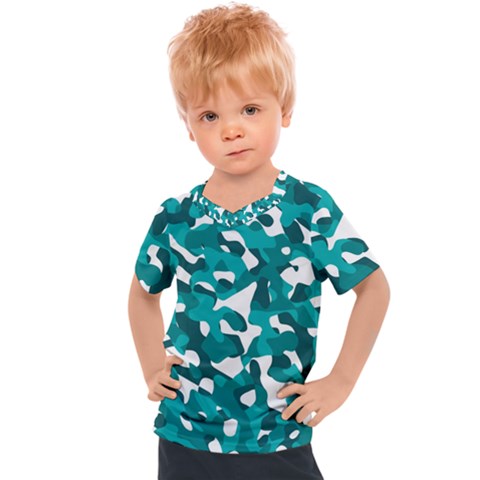 Teal And White Camouflage Pattern Kids  Sports Tee by SpinnyChairDesigns