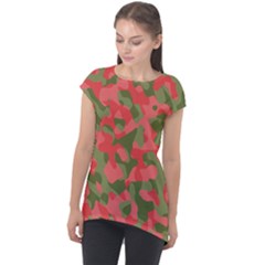 Pink And Green Camouflage Pattern Cap Sleeve High Low Top by SpinnyChairDesigns