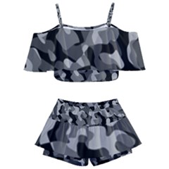 Grey And Black Camouflage Pattern Kids  Off Shoulder Skirt Bikini by SpinnyChairDesigns