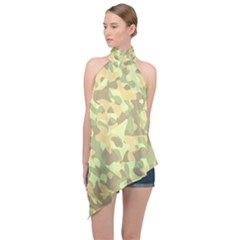 Light Green Brown Yellow Camouflage Pattern Halter Asymmetric Satin Top by SpinnyChairDesigns