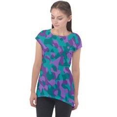 Purple And Teal Camouflage Pattern Cap Sleeve High Low Top by SpinnyChairDesigns