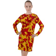 Red And Yellow Camouflage Pattern Long Sleeve Hoodie Dress by SpinnyChairDesigns