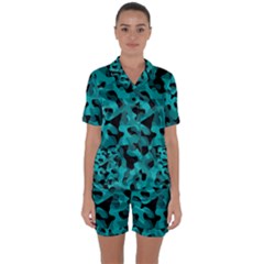 Black And Teal Camouflage Pattern Satin Short Sleeve Pyjamas Set by SpinnyChairDesigns