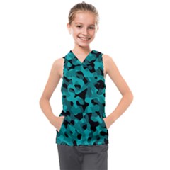 Black And Teal Camouflage Pattern Kids  Sleeveless Hoodie by SpinnyChairDesigns