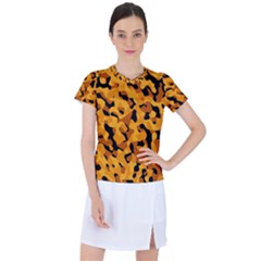 Orange And Black Camouflage Pattern Women s Sports Top by SpinnyChairDesigns