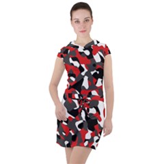 Black Red White Camouflage Pattern Drawstring Hooded Dress by SpinnyChairDesigns