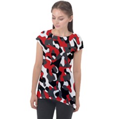 Black Red White Camouflage Pattern Cap Sleeve High Low Top by SpinnyChairDesigns