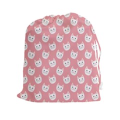 Cute Cat Faces White And Pink Drawstring Pouch (2xl) by SpinnyChairDesigns