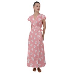 Animal Cat Dog Prints Pattern Pink White Flutter Sleeve Maxi Dress by SpinnyChairDesigns