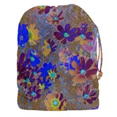 Cosmos Flowers Brown Blue Drawstring Pouch (3xl) by DinkovaArt