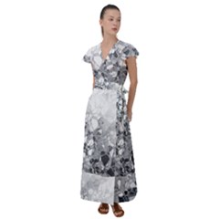 Black And White Abstract Mosaic Pattern Flutter Sleeve Maxi Dress by SpinnyChairDesigns