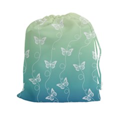 White Butterflies On Blue And Light Green Drawstring Pouch (2xl) by SpinnyChairDesigns