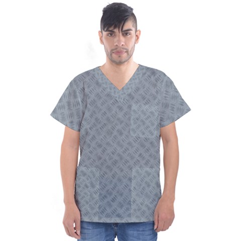 Grey Diamond Plate Metal Texture Men s V-neck Scrub Top by SpinnyChairDesigns